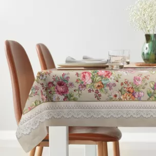 Obrus oliwkowo, różowy 140x180 cm gobelinowy zdobiony tkanym motywem kwiatowym