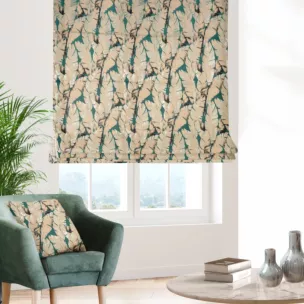 Roleta rzymska turkusowo złota z tkaniny w elegancki roślinny wzór z połyskliwą nicią i efektem 3D Italissima Eva Minge