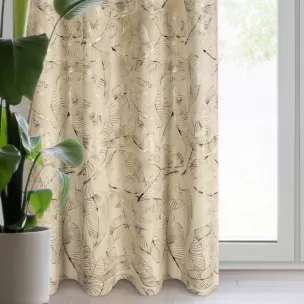 Zasłona beżowo, szampańska z metalicznym nadrukiem egzotycznych liści z welwetu 135x250 przelotka - ODETA