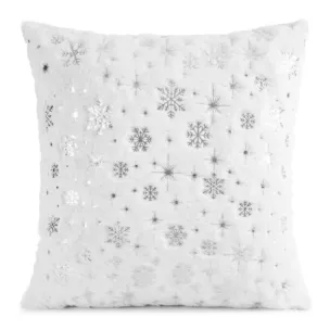 Poszewka na poduszkę świąteczna 45x45 cm biało, srebrna z przyjemnego futerka zdobiona nadrukiem śnieżynek