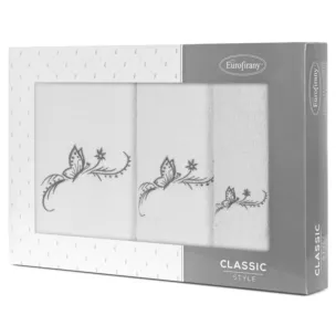 Zestaw ręczników bawełnianych na prezent 3 szt kolor biały,grafitowy z haftowanym motywem motyla 380g/m2 FAIRY