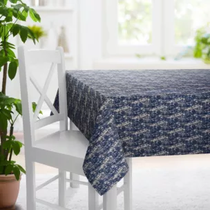 Obrus szyty MALLORCA granatowo złocisty z miękkiej tkaniny szenilowej przetykanej błyszczącą nicią