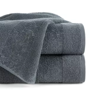 Ręcznik kąpielowy 50x90 cm bawełniany kolor stalowy zdobiony wytłaczanym motywem róż z dodatkiem błyszczącej nici IRIS