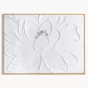 Obraz biały ręcznie malowany trójwymiarowy kwiat zdobiony kryształkami 60x90 cm