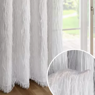 Zasłona biała zdobiona lśniącymi delikatnymi frędzlami 140x250 cm przelotka - Eva Minge