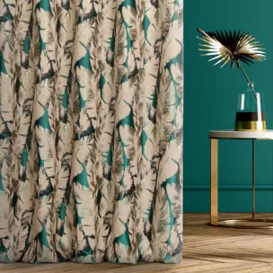 Zasłona szyta na taśmie 8 cm turkusowo złota z tkaniny w elegancki roślinny wzór z połyskliwą nicią i efektem 3D Italissima Eva Minge