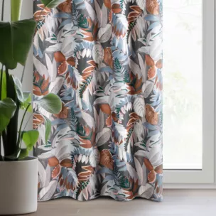 Zasłona stalowo, ruda zdobiona nadrukiem liści z tkaniny oxford 140x270 cm przelotka - MARILA