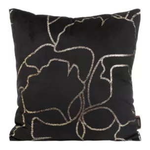 Poszewka na poduszkę 45x45 cm welwetowa czarna z błyszczącym nadrukiem liści miłorzębu BLINK 35