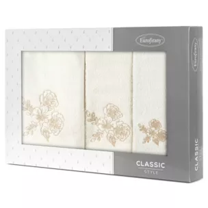 Zestaw ręczników bawełnianych na prezent 3 szt kolor kremowy, beżowy z haftem kwiatów 400 g/m2 MELANI