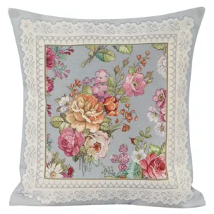 Poszewka na poduszkę 45x45 cm gobelinowa popielato, różowa zdobiona tkanym motywem kwiatowym GOB