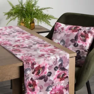 Bieżnik na stół różowo, pudrowy 35x180 cm dwustronny welwetowy bieżnik z nadrukiem barwnych kwiatów