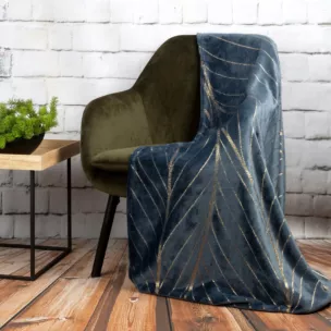 Koc 150x200 cm granatowy ze złotym nadrukiem z motywem liści lotosu LOTOS