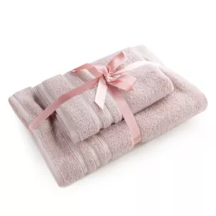 Zestaw ręczników bawełnianych na prezent 2 szt kolor pudrowy róż z bordiurą z tkanymi paskami 480 g/m2 LOCA