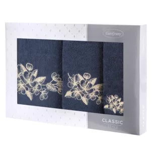 Zestaw ręczników bawełnianych na prezent 3 szt kolor granatowy,szampański z haftowanym motywem kwiatu wiśni 400 g/m2 SOFIA