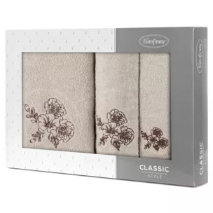 Zestaw ręczników bawełnianych na prezent 3 szt kolor beżowy, brązowy z haftem kwiatów 400 g/m2 MELANI