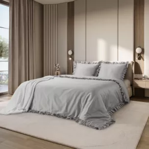 Pościel 160x200 cm bawełniana z makosatyny kolor jasnoszary z falbanami w romantycznym stylu Reina Line