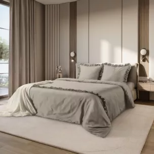 Pościel 160x200 cm bawełniana z makosatyny kolor beżowy z falbanami w romantycznym stylu Reina Line