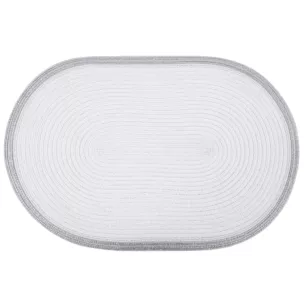 Podkładka owalna na stół biała 30 x 45 cm TIRANA strukturalna przetykana srebrną nicią z ozdobną lamówką