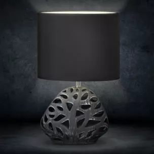 Lampka stołowa DAKOTA  na ceramicznej ażurowej podstawie z abażurem z matowej tkaniny