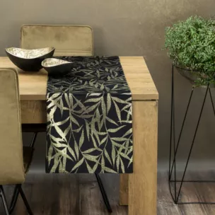 Bieżnik na stół czarno, złoty 35x180 cm welwetowy BLINK 15 z delikatnymi gałązkami