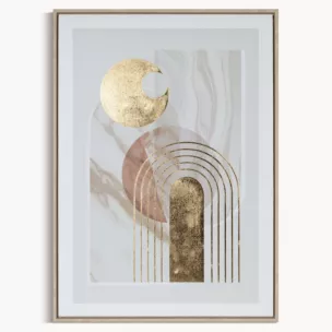 Obraz abstrakcja beżowo, złocisty nadruk na płótnie w stylu boho oprawiony w ramę 50x70 cm