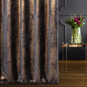 Zasłona szyta na taśmie 5 cm grafitowo miedziana z welwetowej, miękkiej tkaniny, z połyskującym nadrukiem