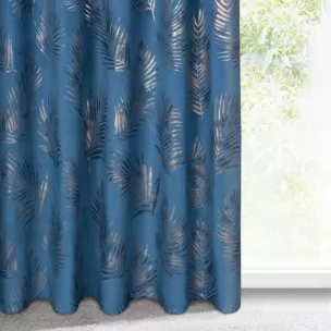 Zasłona welwetowa granatowo, szampańska z błyszczącym nadrukiem palmowych liści 140x300 cm taśma - GLORIA
