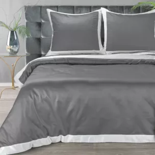 Pościel 160x200 cm z satyny bawełnianej kolor popielaty, biały z kontrastującym obszyciem LAURA
