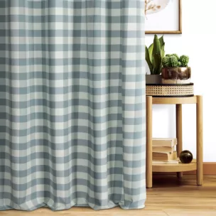 Zasłona szyta na taśmie 5 cm naturalno turkusowa z tkaniny w kratę