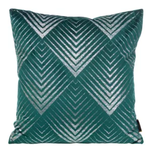 Poszewka na poduszkę 45x45 cm welwetowa ciemnoturkusowa ze srebrnym geometrycznym nadrukiem BLINK 36