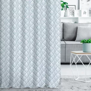 Zasłona szyta na taśmie 5 cm jasnokremowo turkusowa z tkaniny o naturalnym splocie z nadrukowanym geometrycznym wzorem