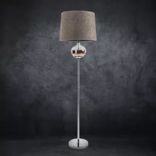 Lampa stojąca do pokoju beżowo, srebrna AMORA z matowym abażurem o widocznym splocie