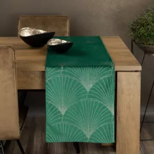 Bieżnik na stół ciemnozielono, złoty 35x180 cm welwetowy BLINK 14 z dużym wzorem wachlarzy w stylu art deco