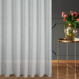 Firana szyta na tunelu naturalna z lekko połyskującej, luźnotkanej etaminy z efektem kreszowania, wykończona obciążnikiem