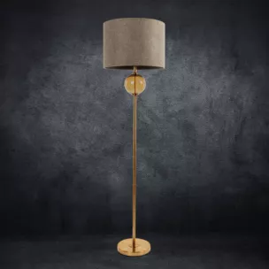 Lampa stojąca do pokoju beżowo, złota LEONA z matowym abażurem o widocznym splocie