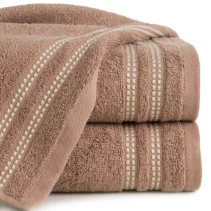 Ręcznik do rąk 30x50 cm bawełniany kolor brązowy z subtelną bordiurą w paseczki 500 g/m2 ALLY