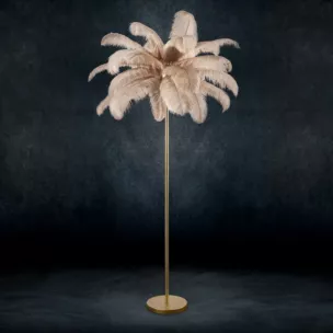 Lampa stojąca do salonu beżowo, szampańska FERI na metalowej podstawie z efektownym abażurem z naturalnych strusich piór