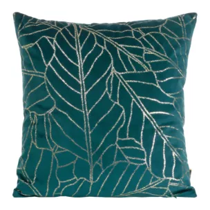 Poszewka na poduszkę 45x45 cm welwetowa ciemnoturkusowa z nadrukiem błyszczących liści BLINK 32