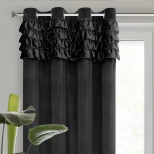 Zasłona welwetowa czarna zdobiona falbanami 140x250 cm przelotka - ERIN