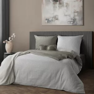 Pościel 140x200 cm komplet 2 częściowy z satyny bawełnianej kolor biało, stalowy w paseczki RAYA