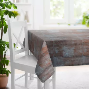 Obrus szyty jasnoturkusowo miedziany z welwetowej, miękkiej tkaniny, z połyskującym nadrukiem