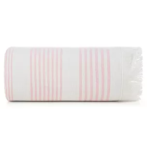 Ręcznik kąpielowy 90x170 cm bawełniany kolor różowy,biały z nadrukiem kontrastujących paseczków i frędzli 350 g/m2 KORFU