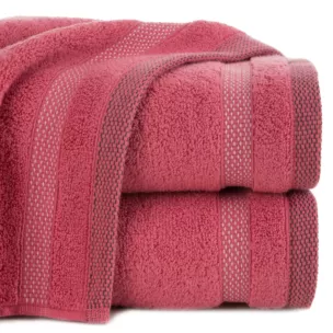 Ręcznik do rąk 30x50 cm bawełniany kolor koralowy zero twist z bordiurą w paski 400 g/m2 RIKI