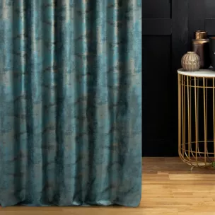 Zasłona szyta na taśmie 5 cm turkusowo złocista z miękkiej, welwetowej tkaniny z nieregularnym wzorem i błyszczącym nadrukiem