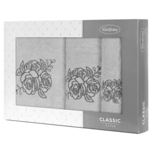 Zestaw ręczników bawełnianych na prezent 3 szt kolor srebrny,grafitowy z haftem z motywem róż 380g/m2 ROSALIA