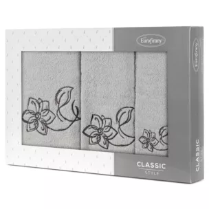 Zestaw ręczników bawełnianych na prezent 3 szt kolor srebrny, stalowy z haftem uroczych kwiatów 400 g/m2 LILA