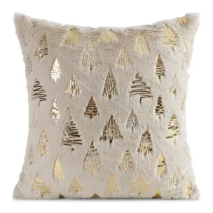 Poszewka na poduszkę świąteczna 45x45 cm beżowo, złota z przyjemnego futerka zdobiona nadrukiem choinek