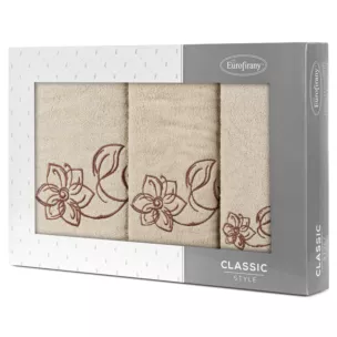 Zestaw ręczników bawełnianych na prezent 3 szt kolor beżowy, brązowy z haftem uroczych kwiatów 400 g/m2 LILA
