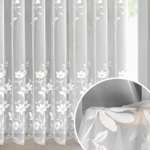 Firana biała z tkaniny typu peru zdobiona haftem 350x250 cm przelotka - SANDI