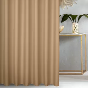 Zasłona szyta na taśmie 5 cm beżowa z gładkiej tkaniny zaciemniającej typu dimout wykończona obciążnikiem